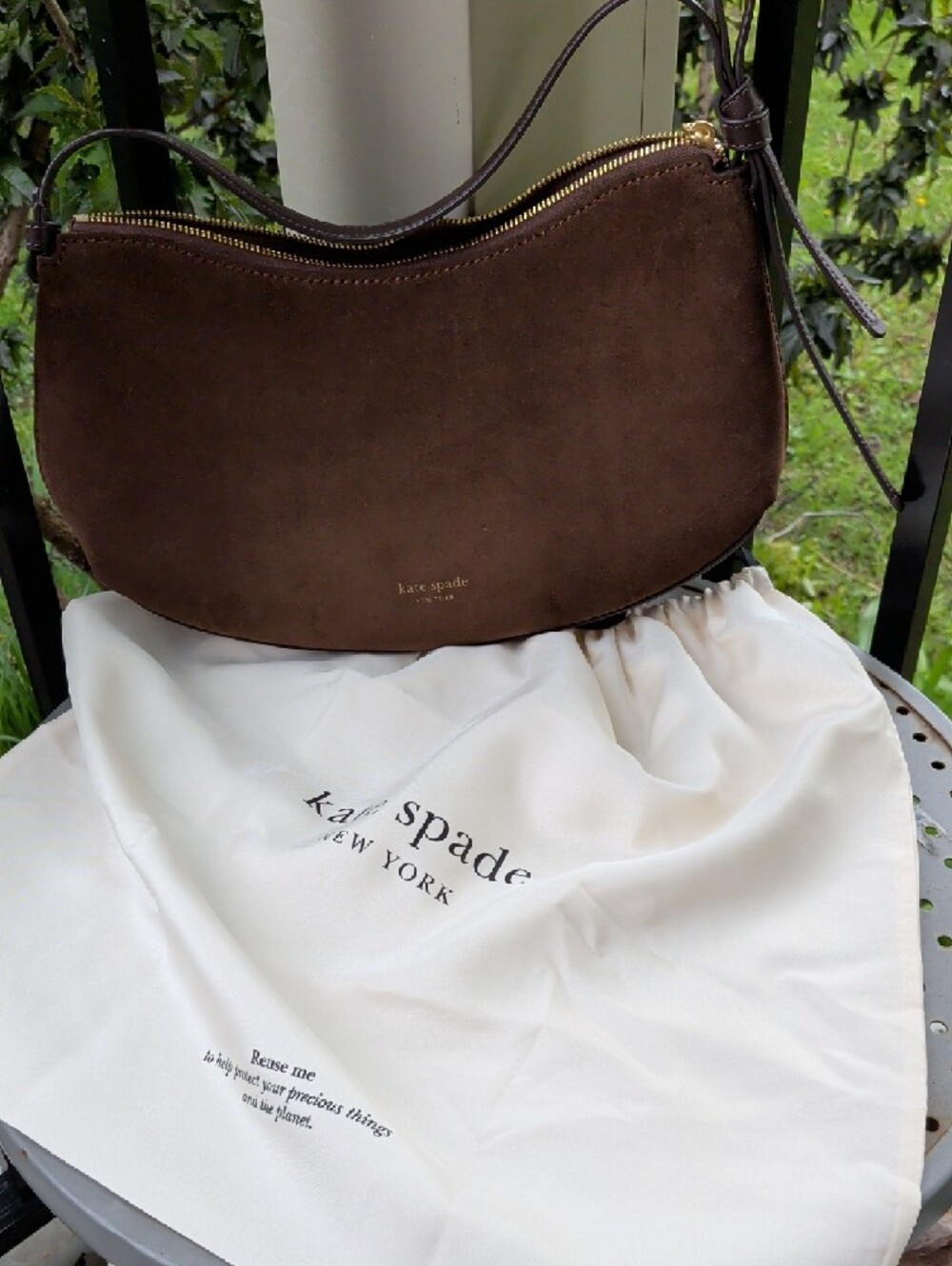 kate spade dark brown suede shoulder bag with gold zipper - Picture 3 of 11
